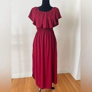 Elegant Burgundy Off-Shoulder Smocked Waist Ruffle Maxi Dress With Pockets Sz S